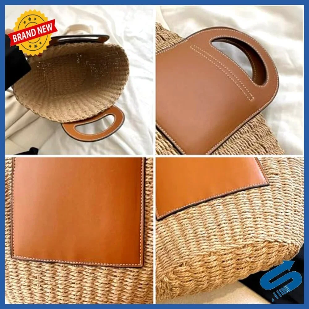 Handmade Straw Tote Bag Large Capacity Leather Stitching Boho Beach Travel Bag